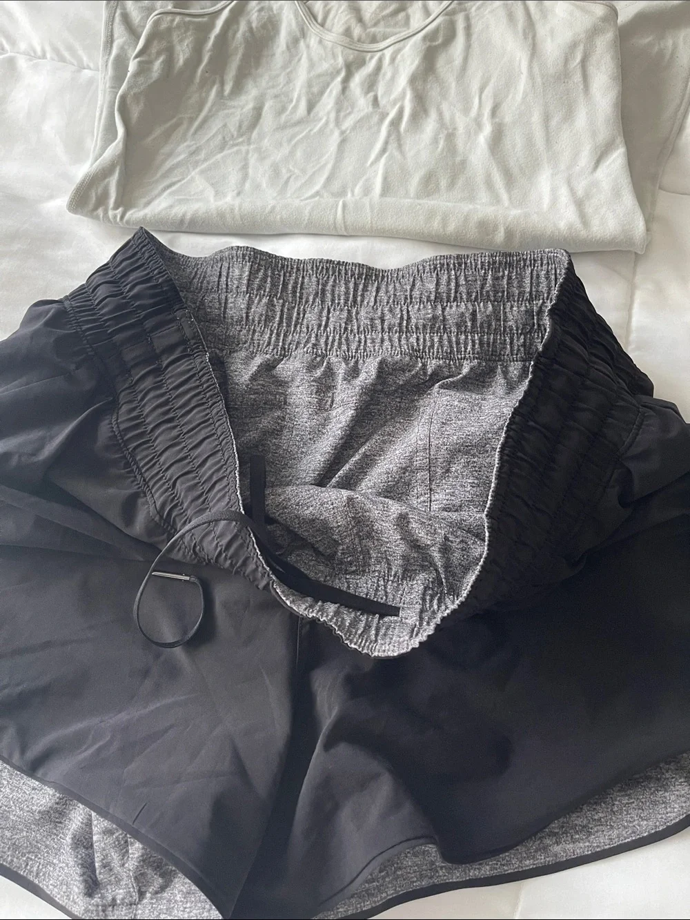 Light Gray Racerback Tank with Black Athletic Shorts